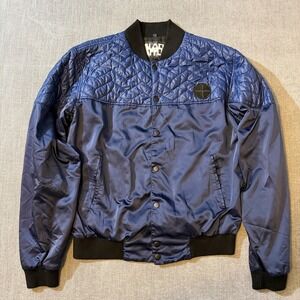 Black Apple Bomber Jacket Quilted Satin Blue Large Snap Front Casual Outerwear